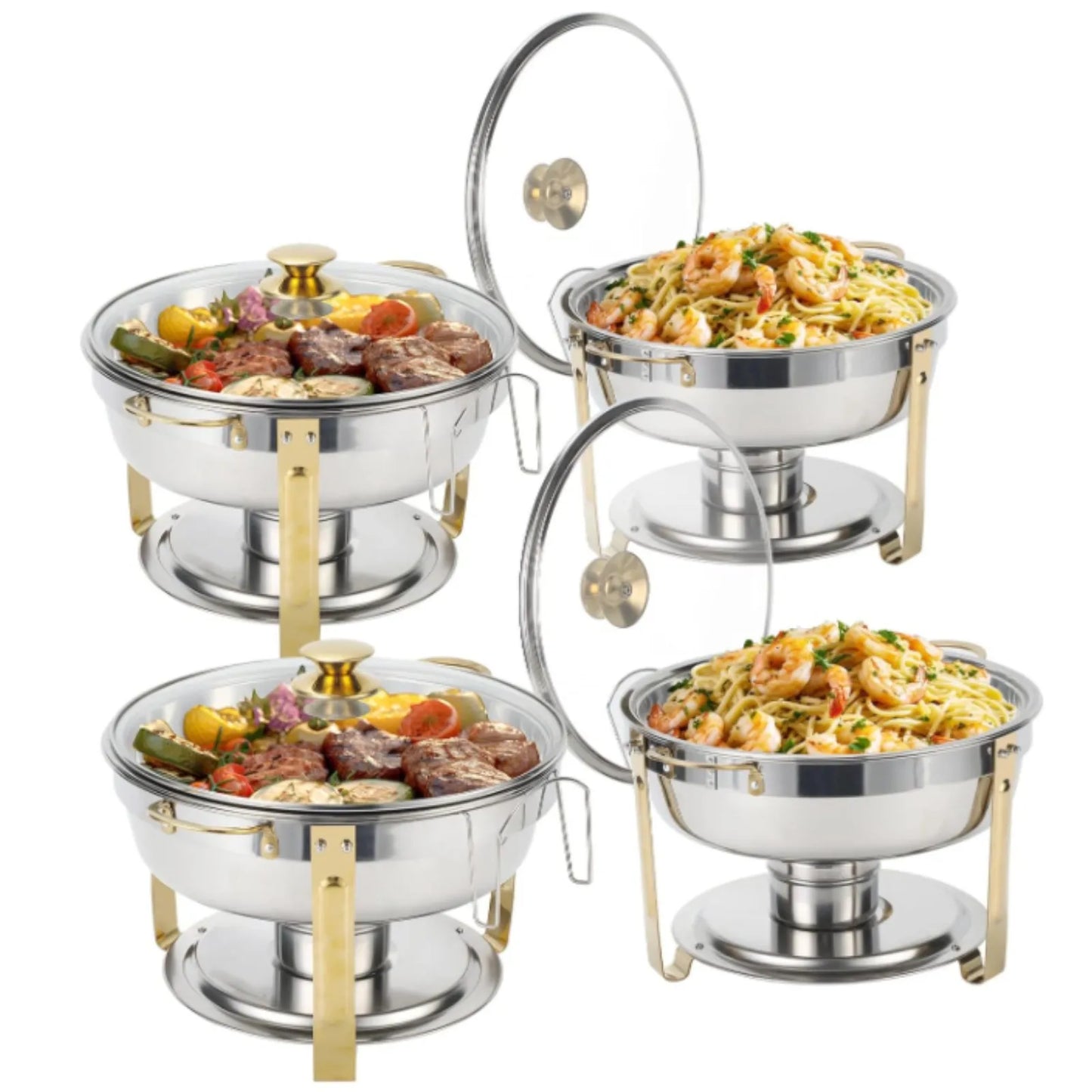 5QT 2/4 Pack Gold Round Chafing Dish Food Warmer Set with Stainless Steel Lid Fuel Can Home Party Hotel Buffet Gas Fuel Food Pan
