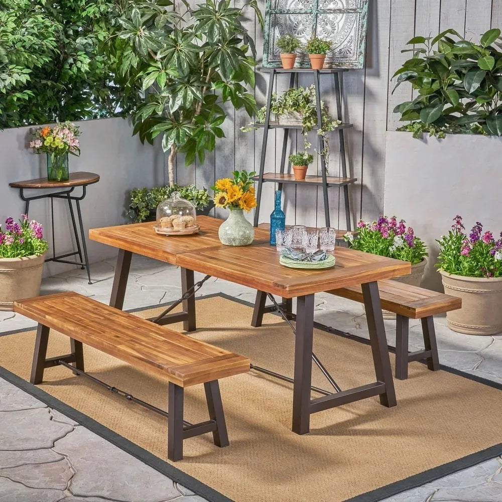 3 Piece Wood Outdoor Furniture Set Two Benches One Table