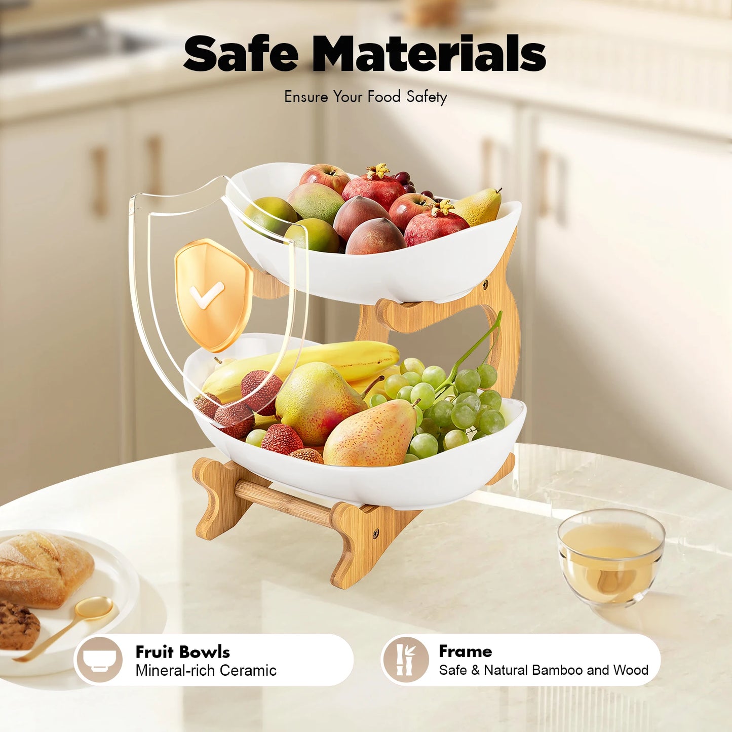 2-Tier Ceramic Fruit Bowl Set Fruit Basket Bamboo Frame & Lead-Free Glaze Fruit Display Bowl for Kitchen/Dining Table Decor