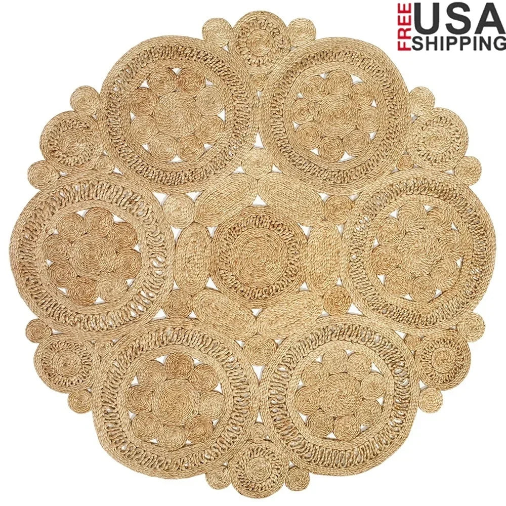 Natural Braided Jute Round Area Rug Handmade Indoor Carpet Soft Bohemian Geometric Design Home Decor Dining Room Bedroom Living