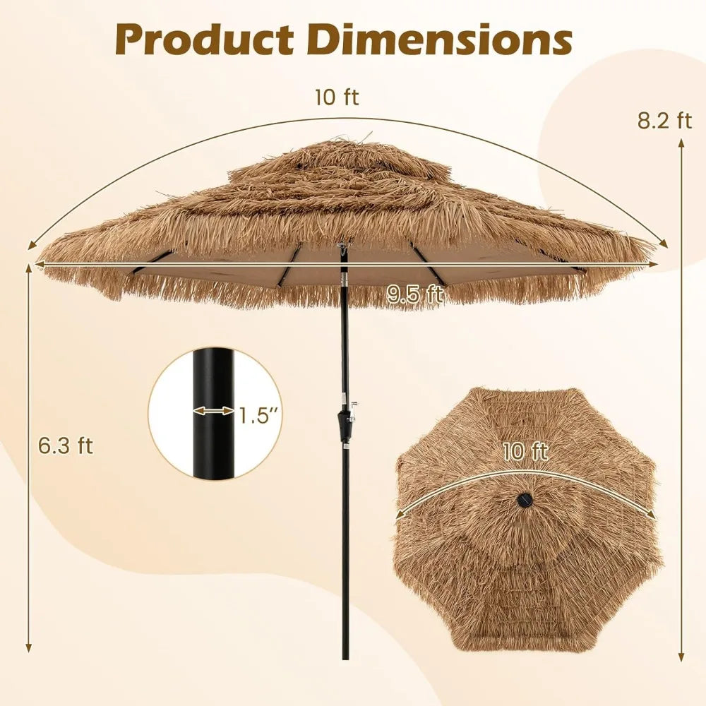 10 ft Thatched Patio Umbrella, 2 Tier Hawaiian Style Grass Beach Umbrella with 32 Led Lights, Center Light, Solar Tiki Umbrella