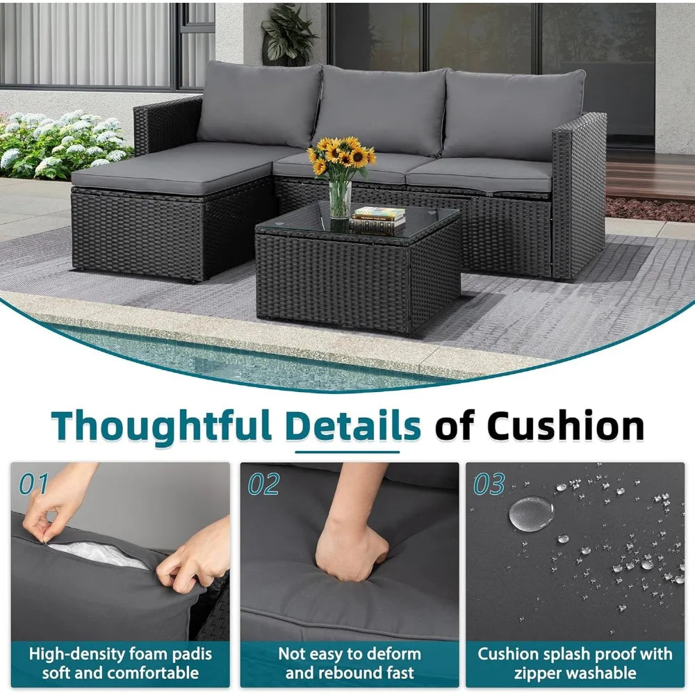 Small Outdoor Sofa Patio Furniture Set with Detachable Cushions, 3 PCS Patio Sectional Sofa with Coffee Table & 5 Position Adju