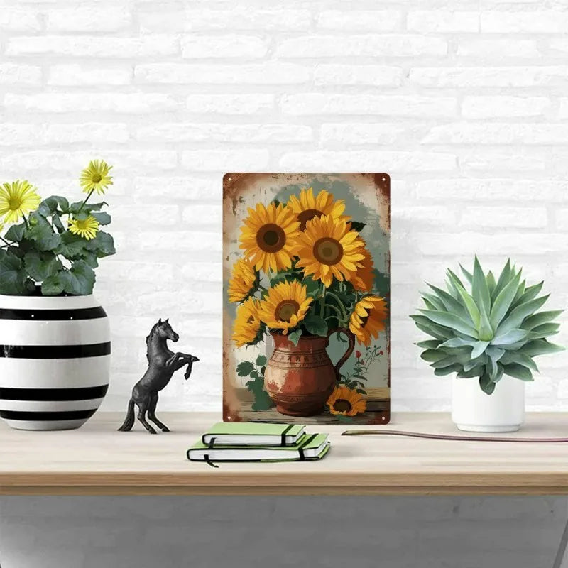 Rustic Sunflower Iron Wall Art Vase Waterproof Home Decor