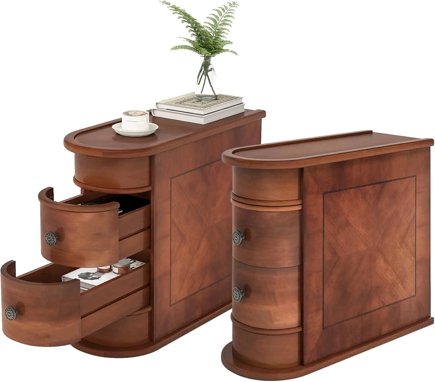 Wood End Table with 2 Drawers Sofa Side Table, No Assembly Required Vintage Slim Nightstand Bedside Table for Bedroom