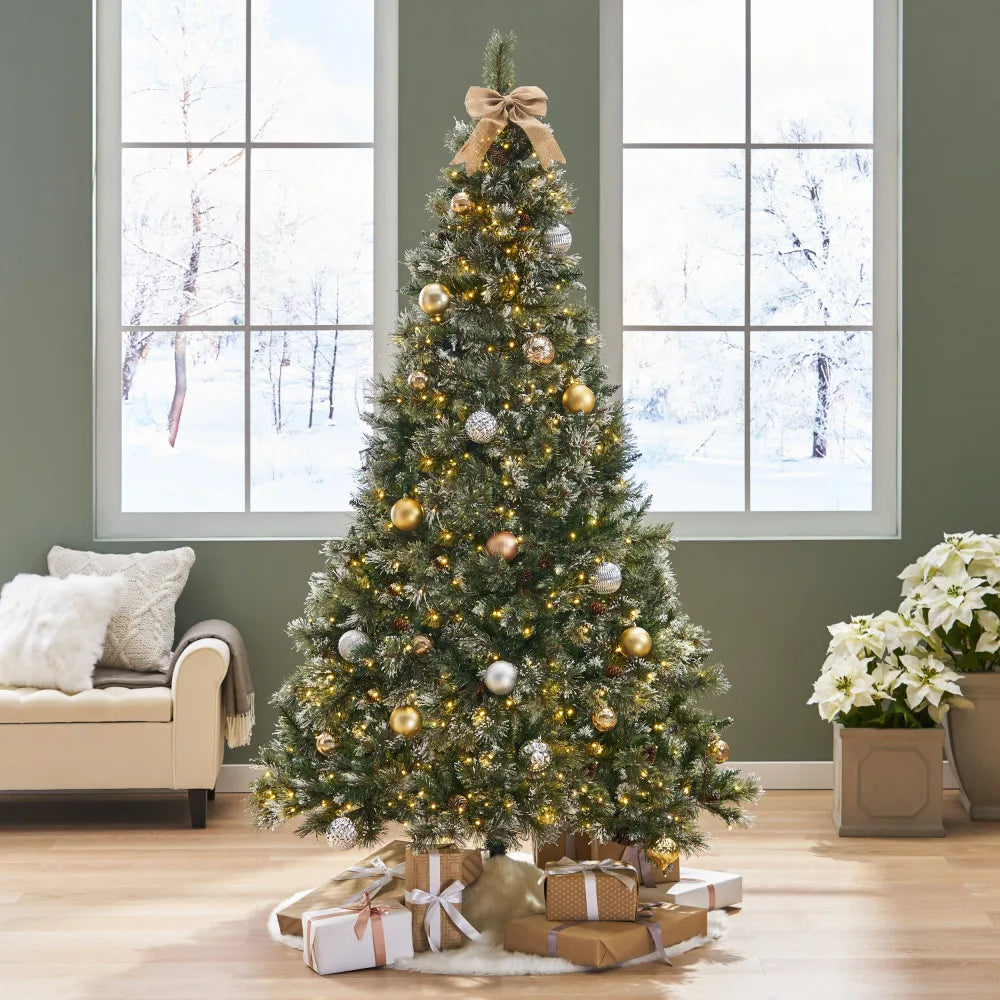 7' Brilste Mixed Hinged Tree with Snow and Glitter and 78 Frosted Pine Cones and 650 Clear LED Lights