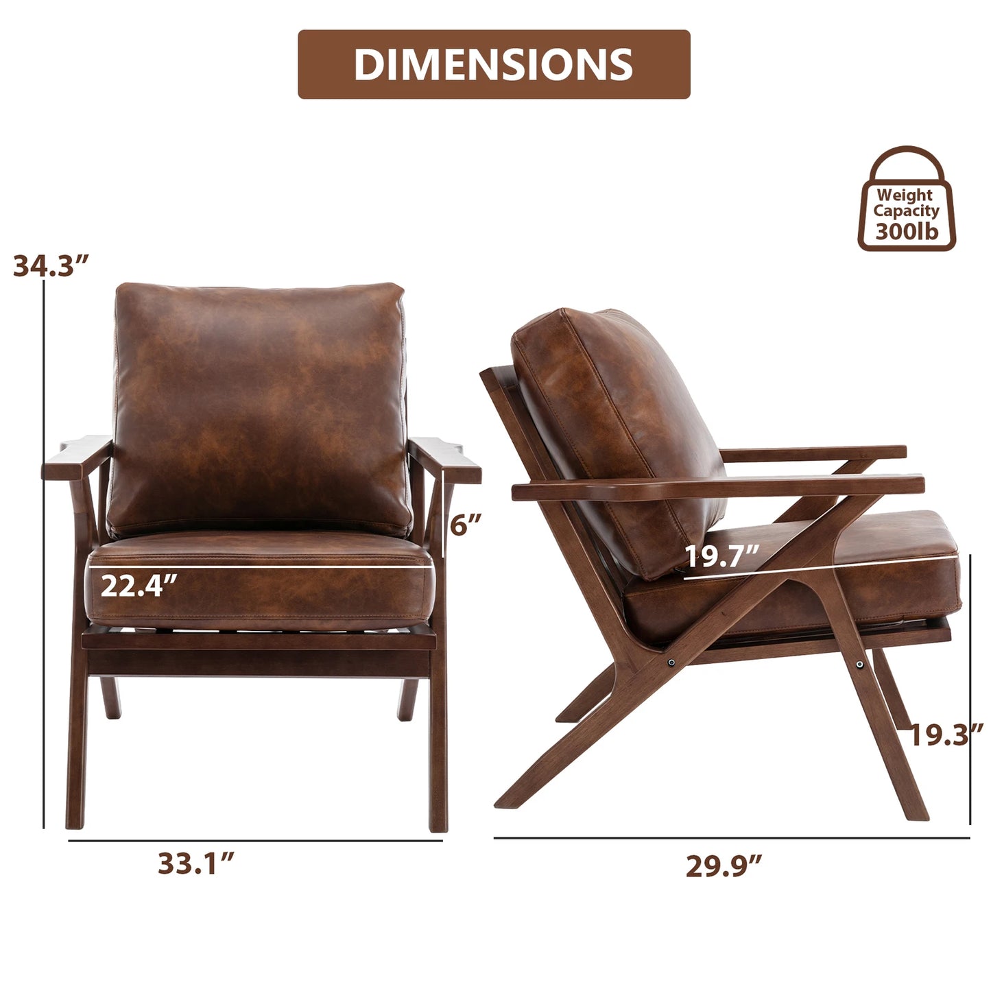 Accent Chair with Wood Frame, PU Leather Chair with Removable Upholstered Cushions for Living Room