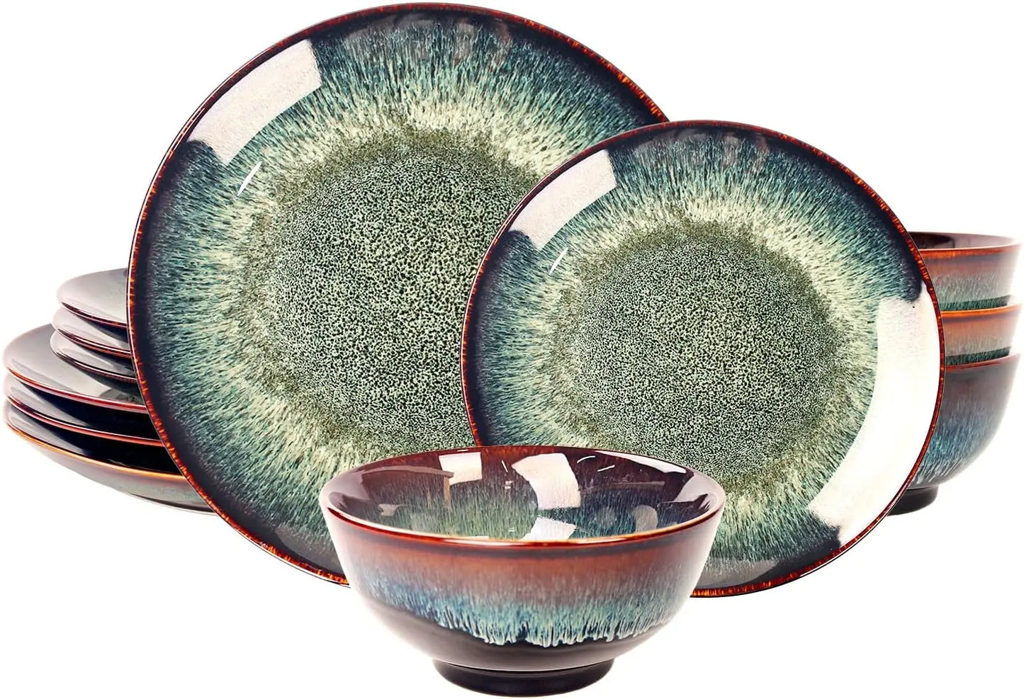 Dinner Set 12 Pieces - Round Reactive Glaze Tableware - Kitchen Dinnerware Porcelain Crockery with Dinner Plate, Bowl and Soup P