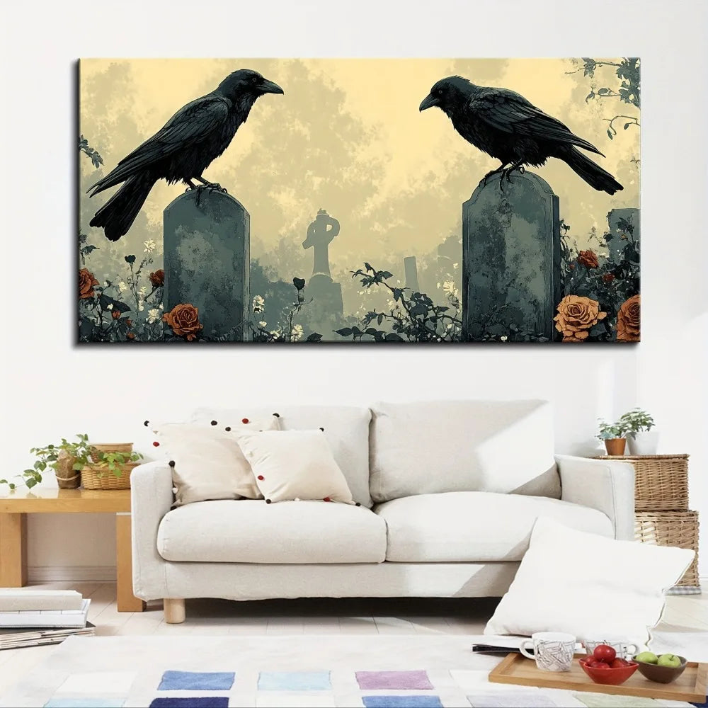 Halloween Crow and Floral Tombstone Canvas Wall Art