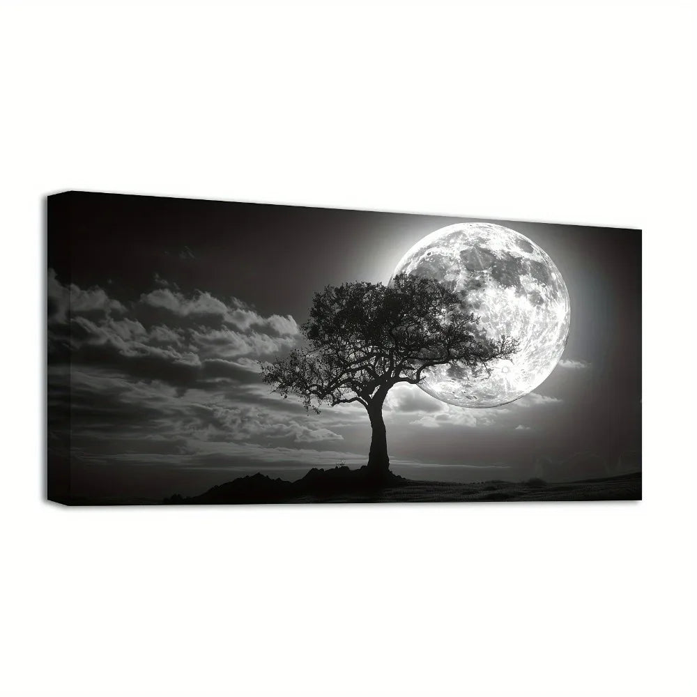 Floral Moon Tree Canvas Wall Art in Wood Frame Decor