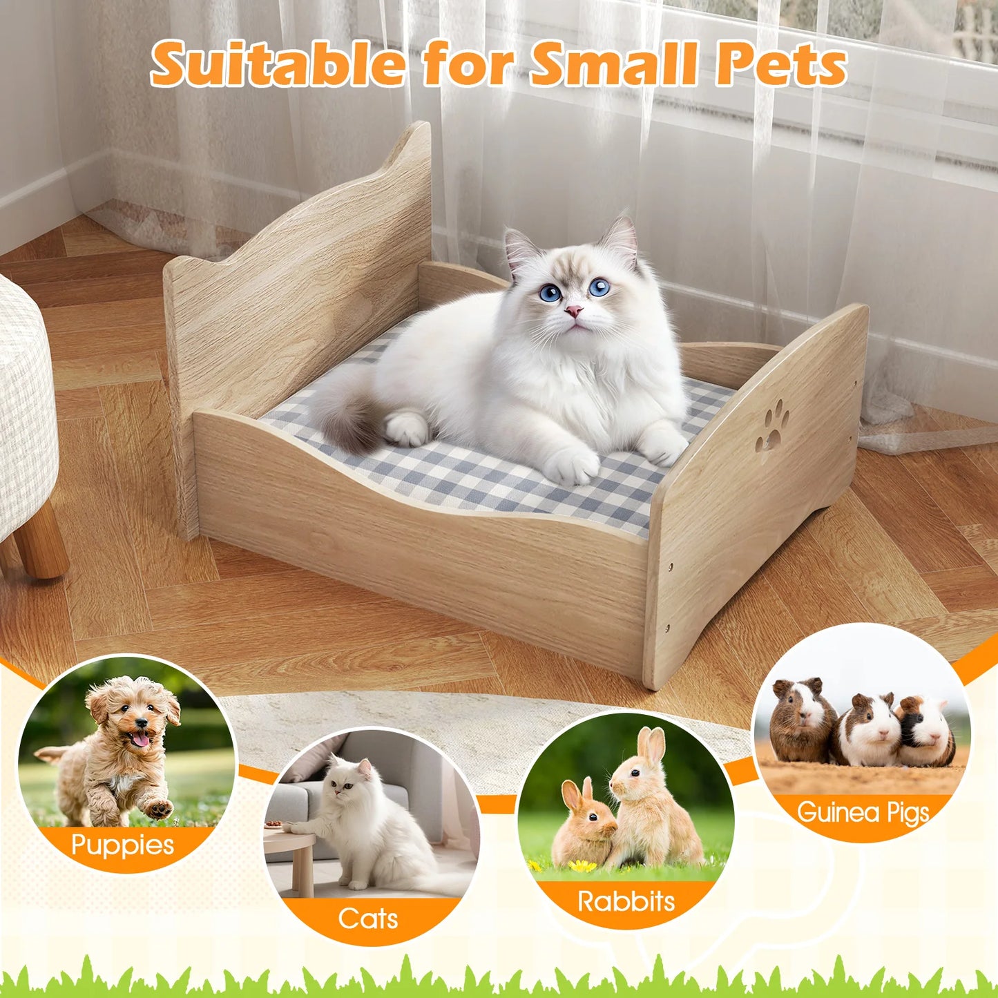 Elevated Pet Bed Frame Indoor Large Cat Bed w/ Rails, Cute Headboards, Storage Space, Rabbit Sleeping Habitat, Small Animals Bed