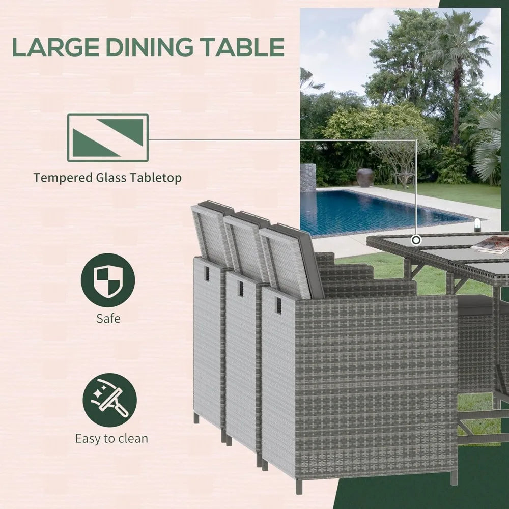 11 Pieces Outdoor Dining Set for 10, Space Saving Wicker Chairs and Glass Table with Cushions and Ottomans, Rattan Conversation