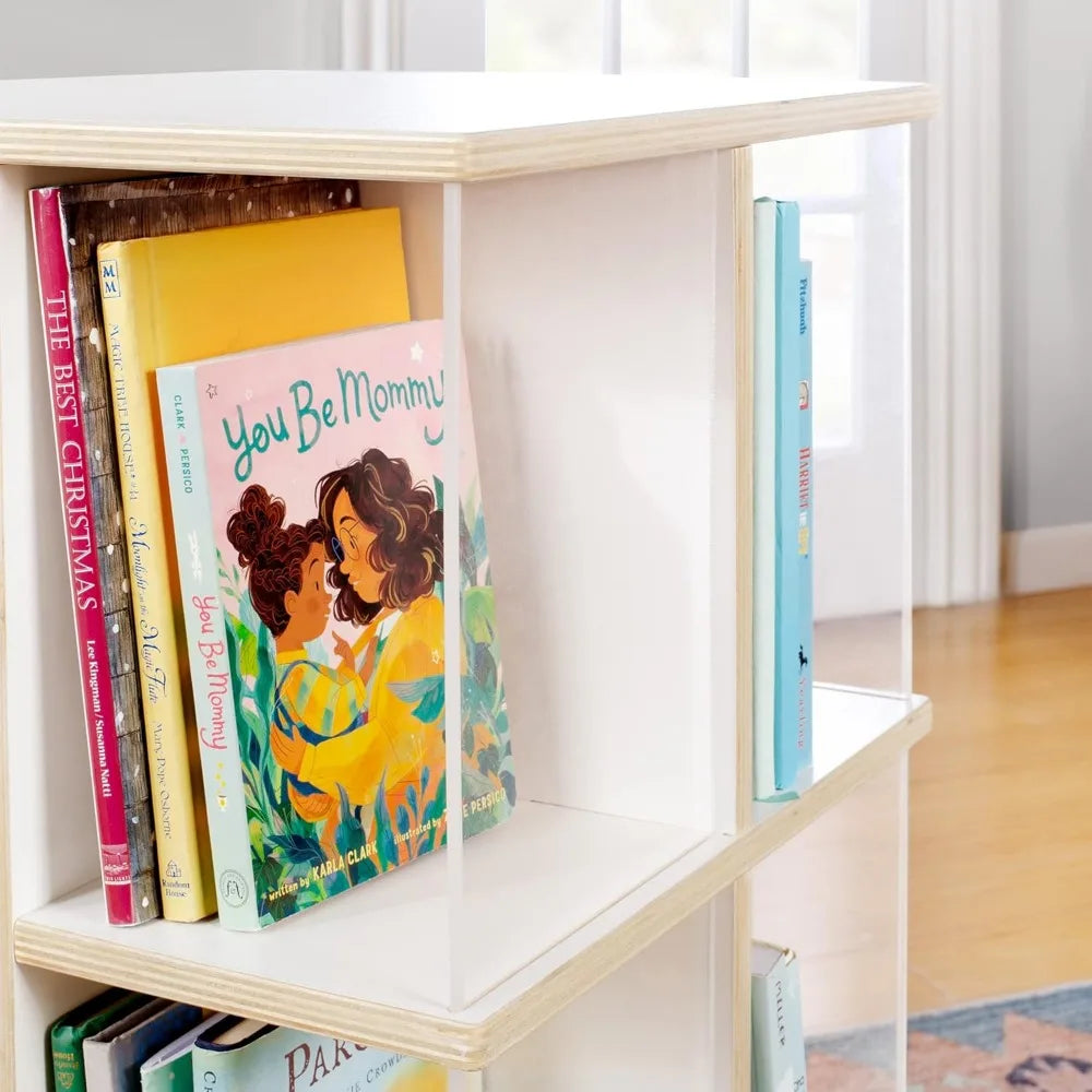 EdQ Rotating Book Display - White: Spinning Plywood Storage Bookshelf with Acrylic Windows for Kids Classroom, Playroom, or Bed