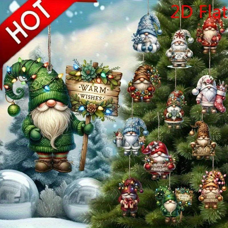 12pcs Handmade Wooden Gnome Ornaments - 2D Flat Christmas Tree Decorations