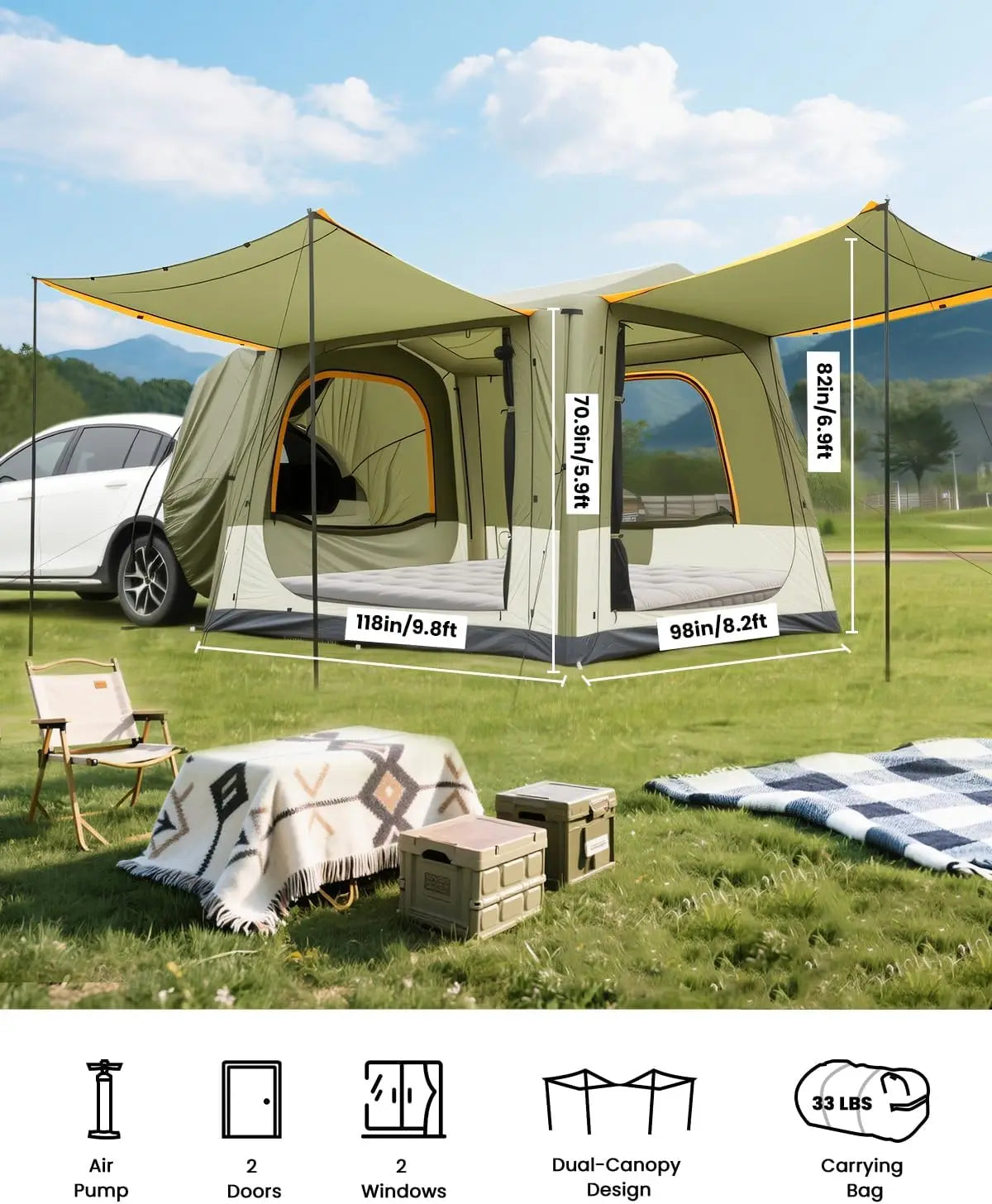 Inflatable Camping Tent With Hand Pump Easy Setup Oxford