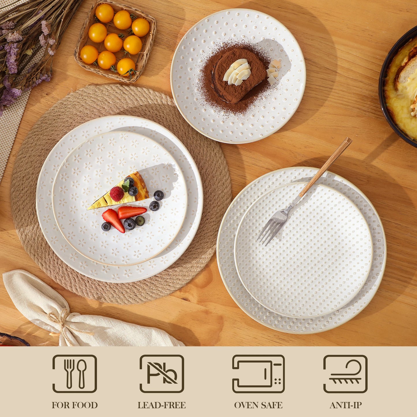 MALACASA LYDIA 12/16 Piece Ceramic Dinnerware Set Modern Relief Design with 4/8 pcs Dinner Plate/Dessert/Soup/Cereal Bowl