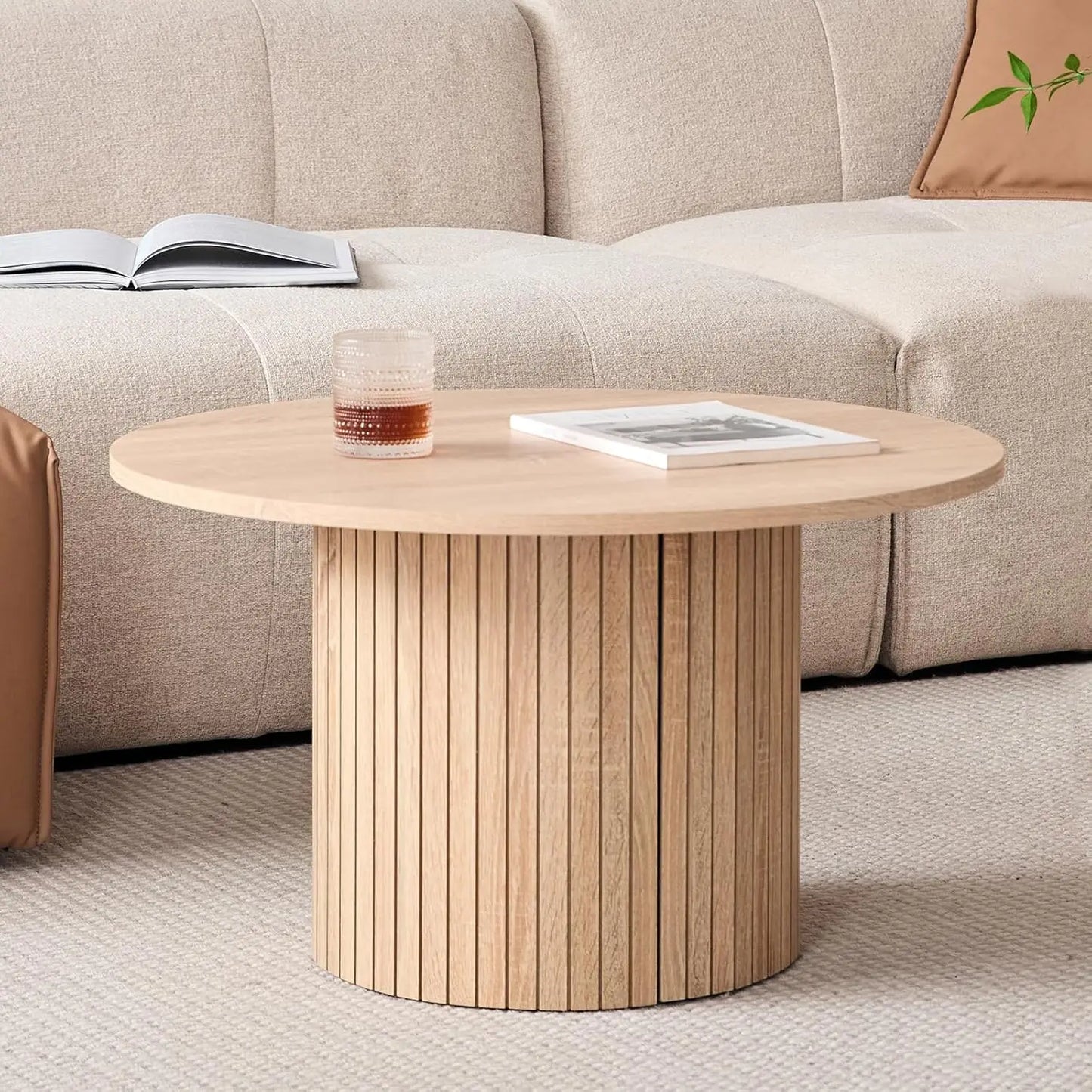 Round Nesting Coffee Tables Set of 2 -φ27.6 Large Short + φ15.8 Small Tall Boho Circle Side Tables with Fluted Drum Design