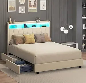 Full Size Bed Frame, Velvet Upholstered LED Platform Bed with Headboard Storage, Bed Frame Full Built-in Charging Station with 4