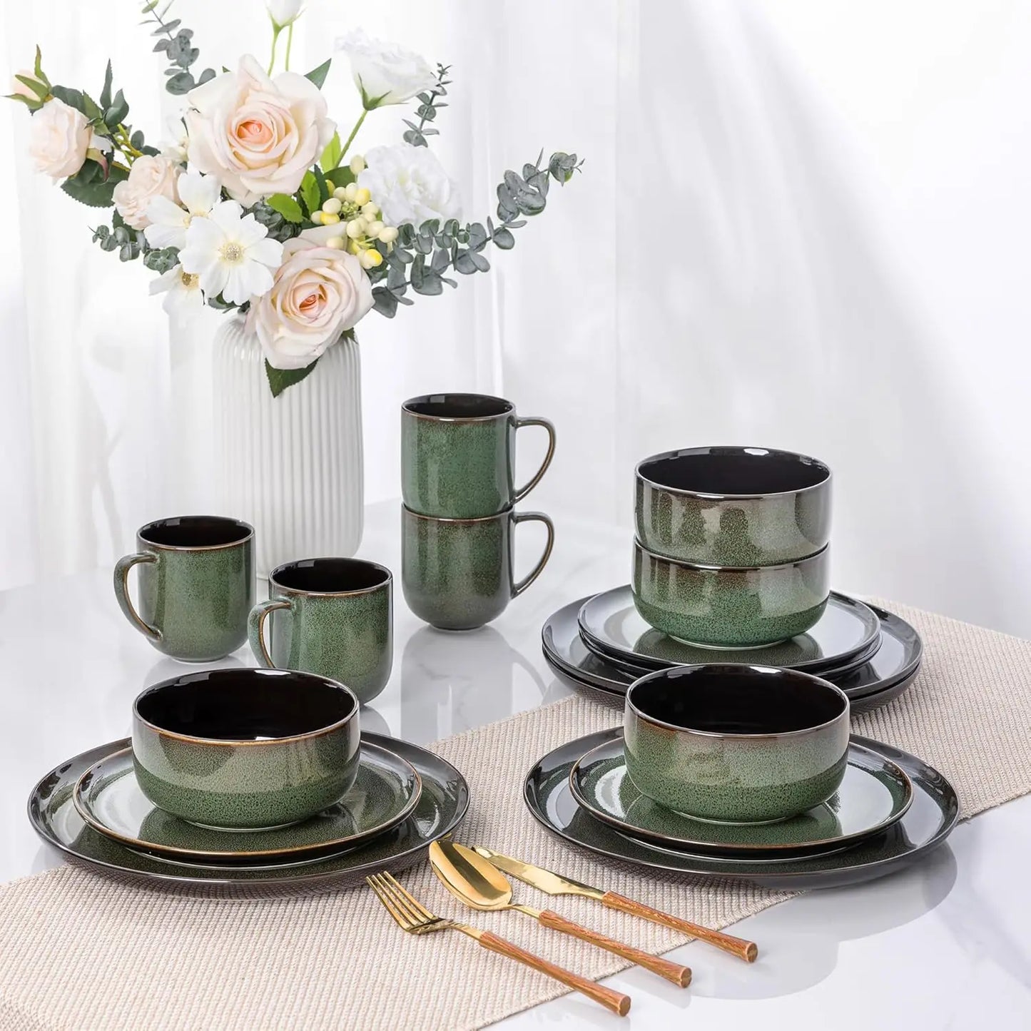 Ceramic Dinnerware Sets for 4,16-PieceReactive Glaze Plates and Bowls Set with Mugs,Highly Chip and Crack Resistant | Dishwasher