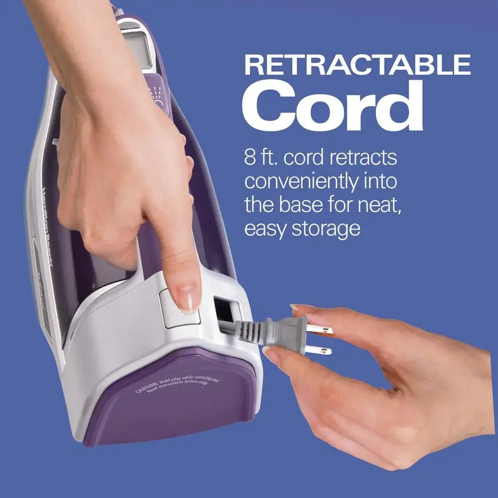 Digital Retractable Cord Iron with Duration Soleplate 1700W Anti-Drip Auto Shut-Off 340ml Water Reservoir Compact Storage Purple