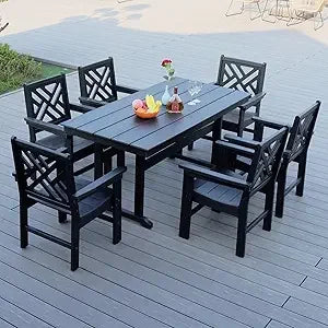 Outdoor HDPE Dining Table Set,7-Piece All Weather Rectangular Wood Grain Patio Table and Chairs with Umbrella Hole for Garden, B