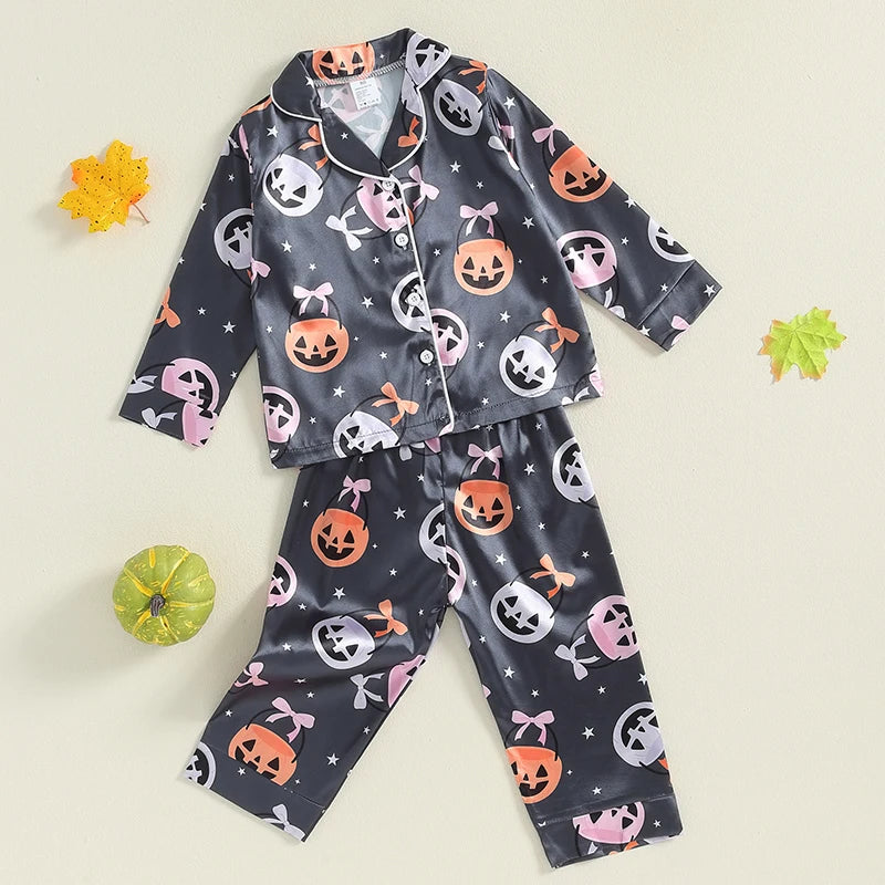 Women s Halloween Pajama Sets with Long Sleeve Lapel Pumpkin Bow Print Shirt and Pants for Cozy Sleepwear
