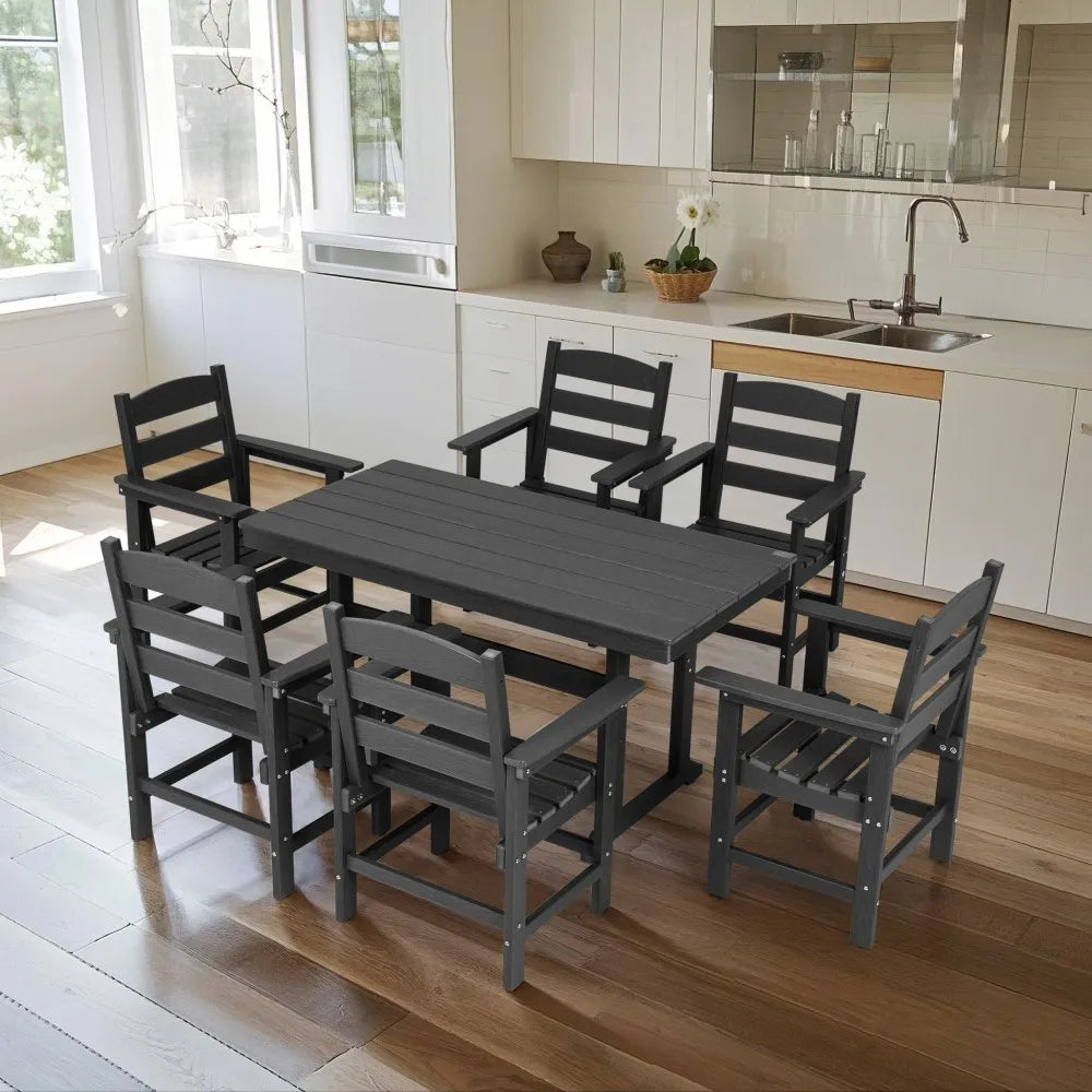 7 Piece HDPE Patio Outdoor Furniture Set for 6, Dining Table and Chairs,51'' Outdoor Dining Table , Outdoor Dining Set