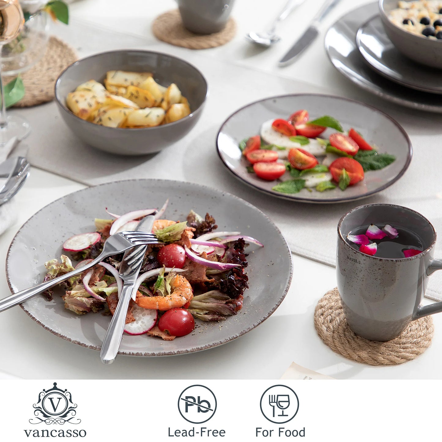 Vancasso Navia Grey 16/32/48-Piece Ceramic Stoneware Dinnerware Set with Dinner Plate,Dessert Plate,800ml Bowl,Mug Tableware Set