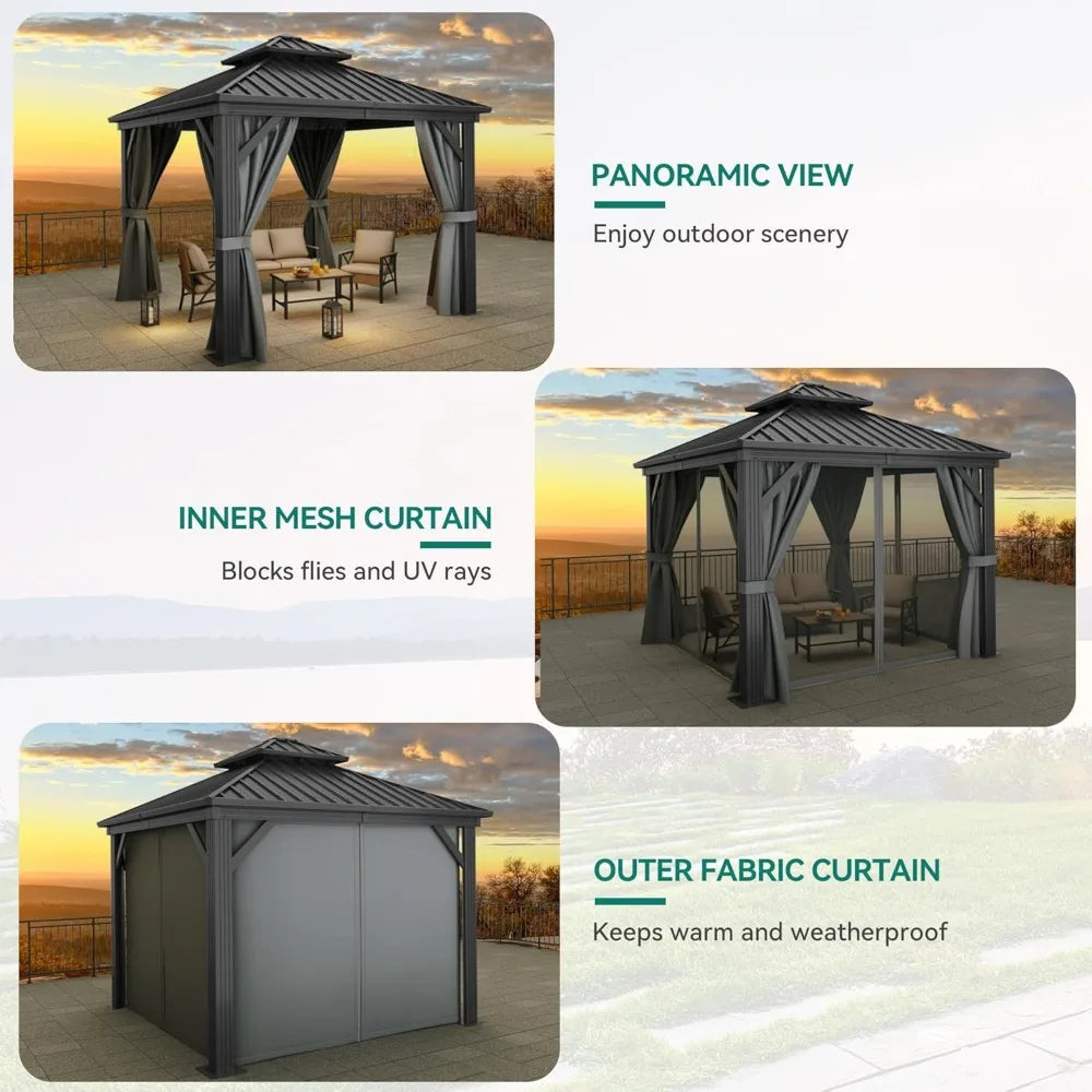 10x10ft Hardtop Gazebo with Nettings and Curtains, Heavy Duty Double Roof Galvanized Steel Outdoor Combined of Vertical Stripes