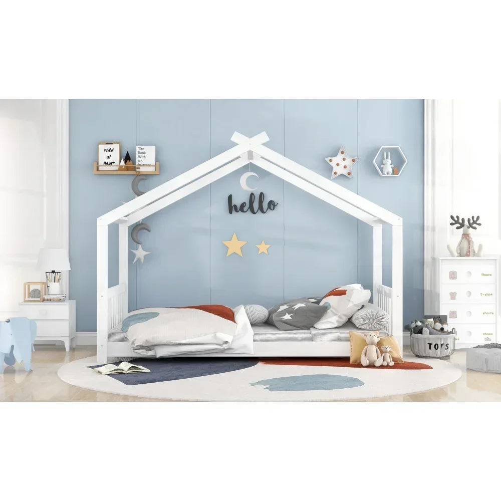 White house Children Beds,Low Profile House Bed, Wood House-Shaped Twin Platform Bed for Kids, No Box Spring Needed