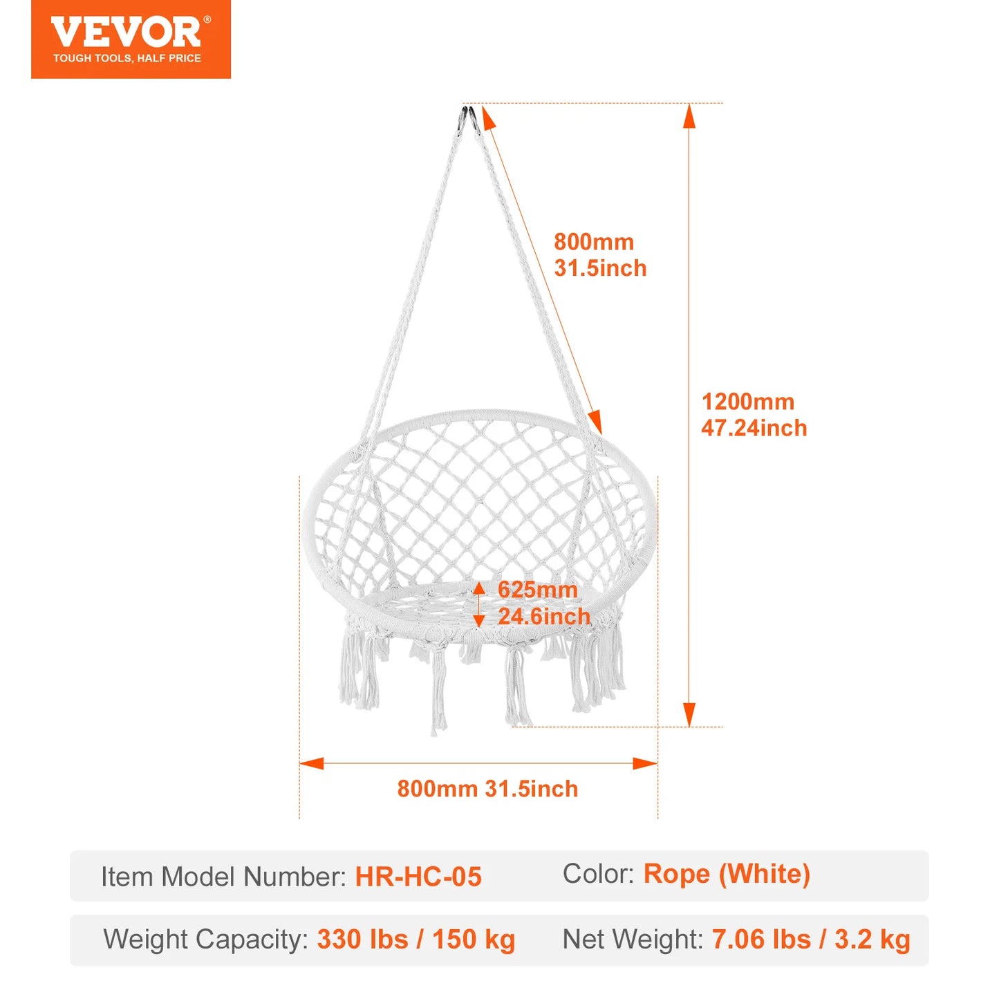 SucceBuy Hanging Hammock Swing Chair 330lbs Macramé Hanging Chair Cotton Rope Swing Chair for Bedroom Balcony Patio Garden White