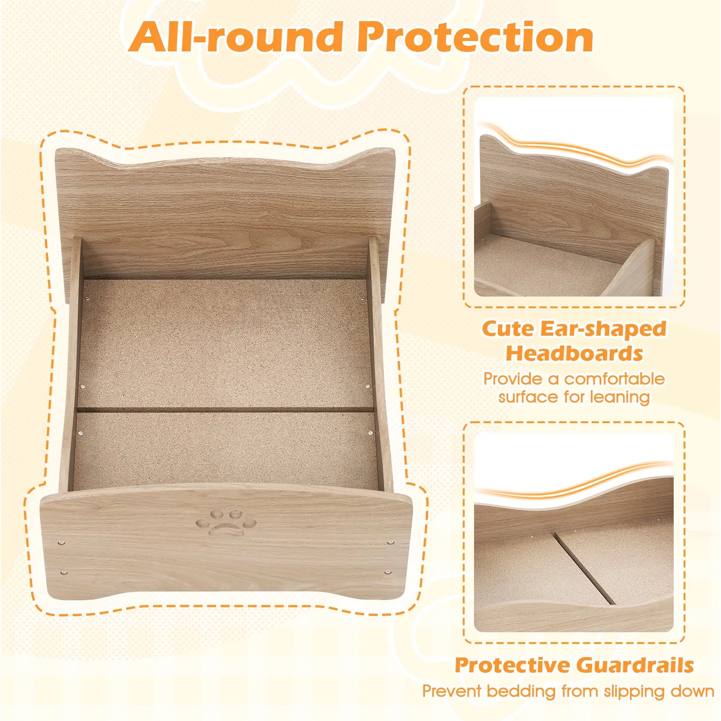 Elevated Pet Bed Frame Indoor Large Cat Bed w/ Rails, Cute Headboards, Storage Space, Rabbit Sleeping Habitat, Small Animals Bed