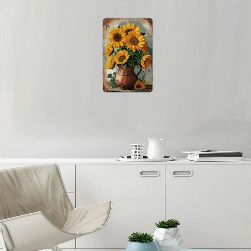Rustic Sunflower Iron Wall Art Vase Waterproof Home Decor