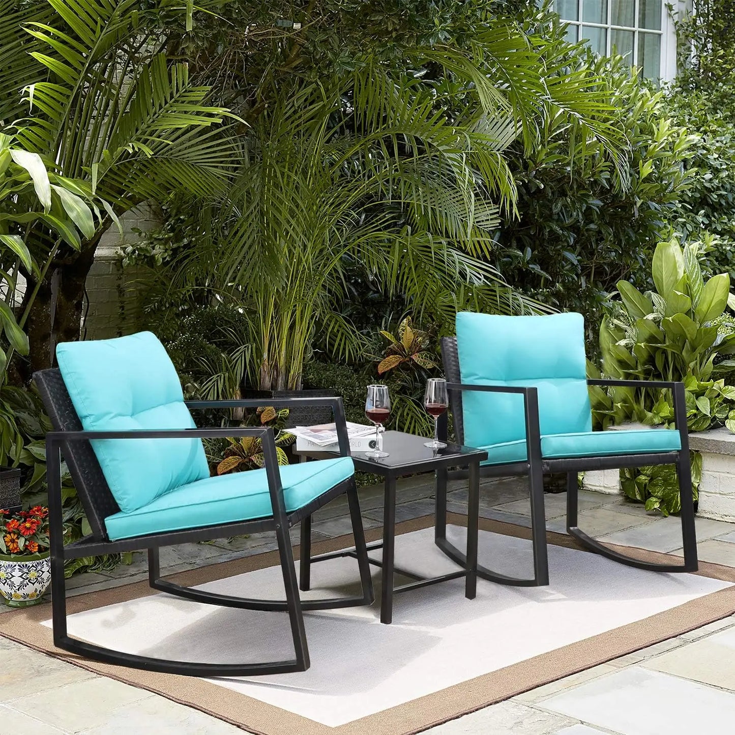 3 Pieces Rocking Wicker Bistro Set, Patio Outdoor Furniture Conversation Sets with Porch Chairs and Glass Coffee Table