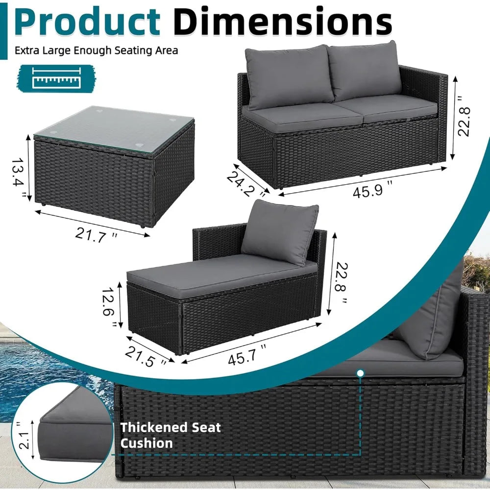 Small Outdoor Sofa Patio Furniture Set with Detachable Cushions, 3 PCS Patio Sectional Sofa with Coffee Table & 5 Position Adju
