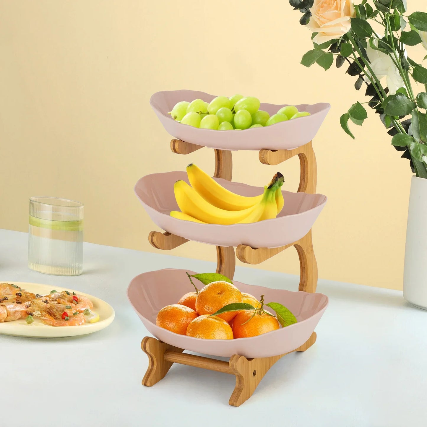 3 Layer Fruit Bowl Food Grade Materials Eco-friendly Bamboo Wood Fruit Holder Bathroom Cosmetics Storage Snacks Basket Shelf