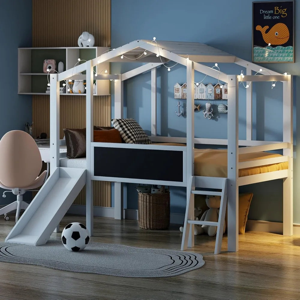 FAROUCHE Loft Bed Twin Size with Slide, Elegant Twin House Bed Frame with Blackboard and Light Strip, Solid Wood Playhouse Bed w