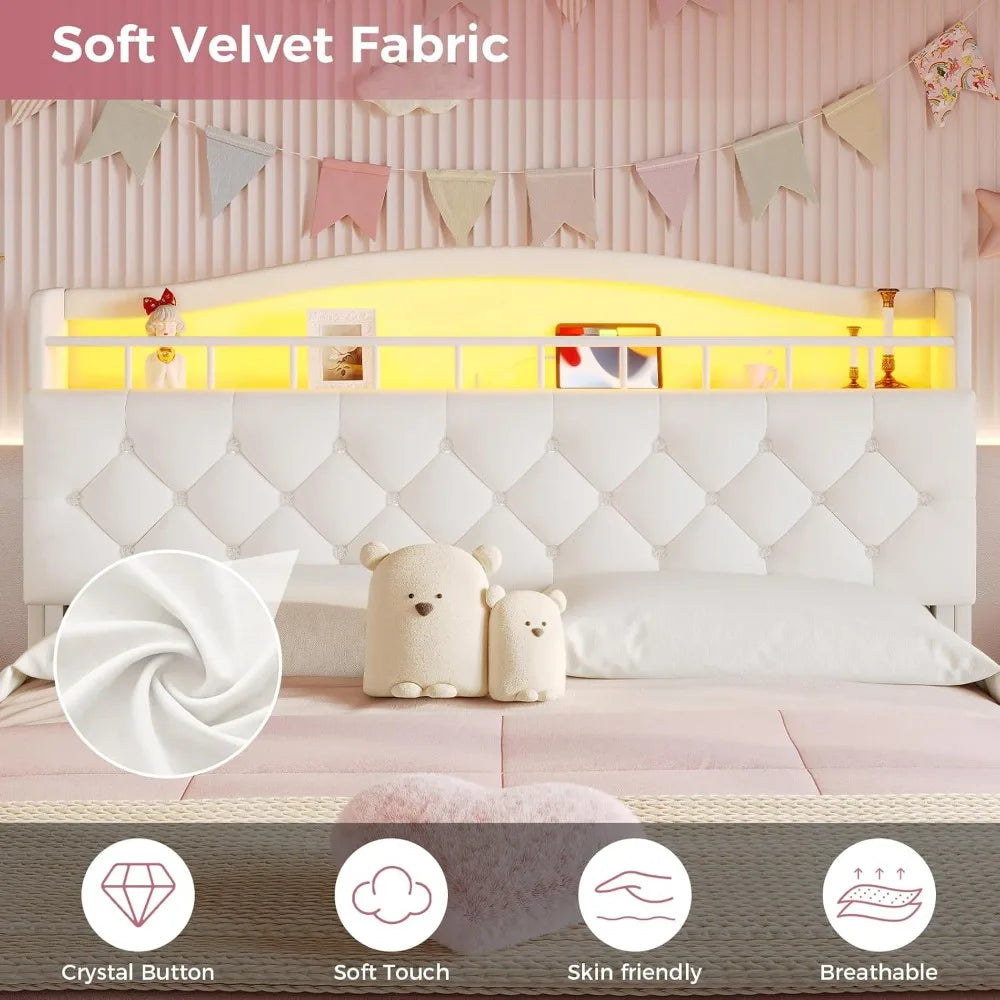 Full Size Upholstered Girl Bed with LED Lights & Charging Station, Princess Platform Bed with Hidden Storage Headboard, No Box S