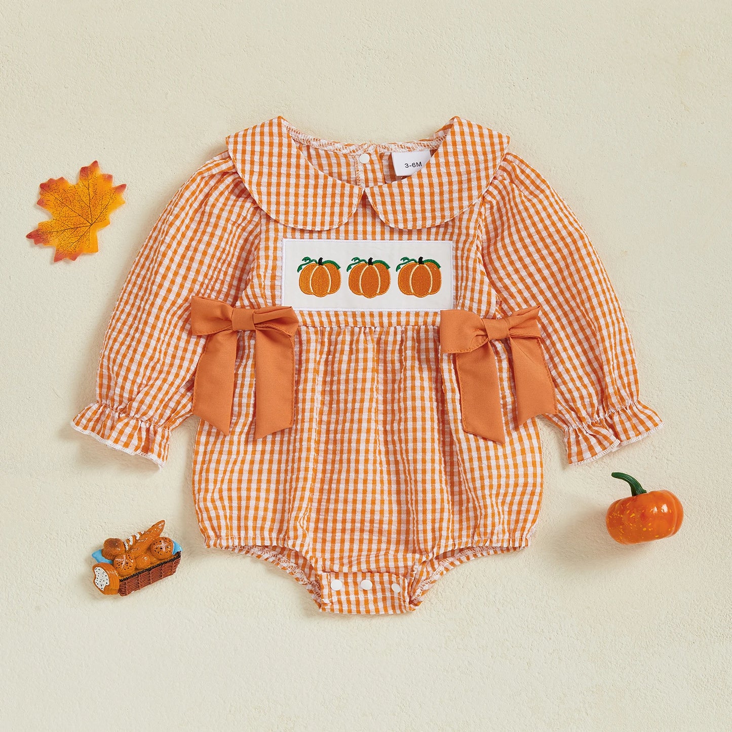 Toddler Halloween Plaid Romper with Witch Hat Embroidery and Ruffle Sleeves Adorable Baby Girl Pumpkin Jumpsuit with Bow Detail