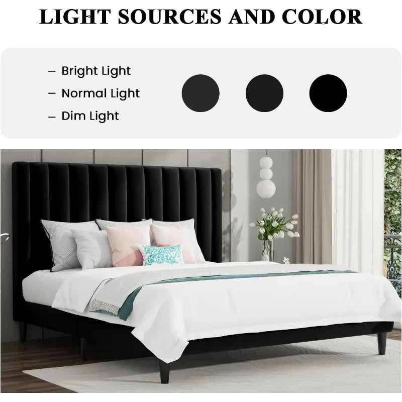 SHA CERLIN Queen Bed Frame/Velvet Upholstered Platform Bed Frame Headboard Strong Wood Slats Support/Mattress Foundation Black