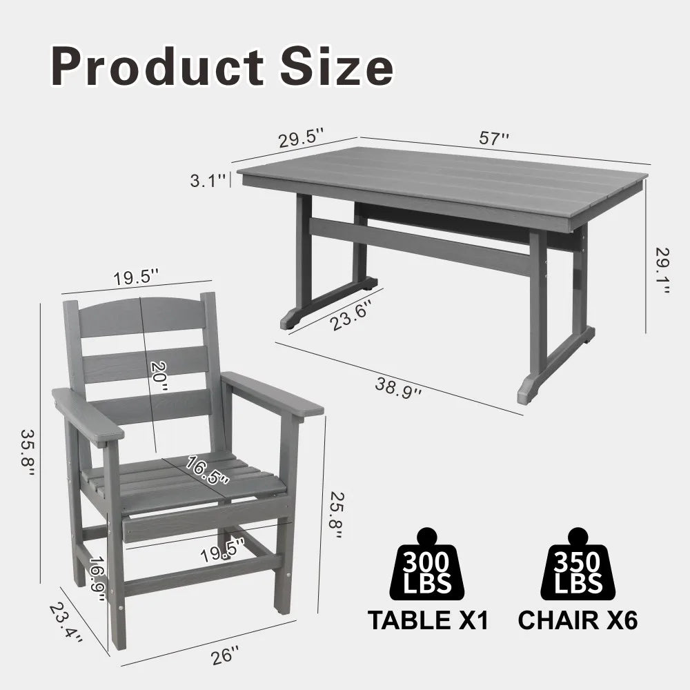 7 Piece HDPE Patio Outdoor Furniture Set for 6, Dining Table and Chairs,51'' Outdoor Dining Table , Outdoor Dining Set