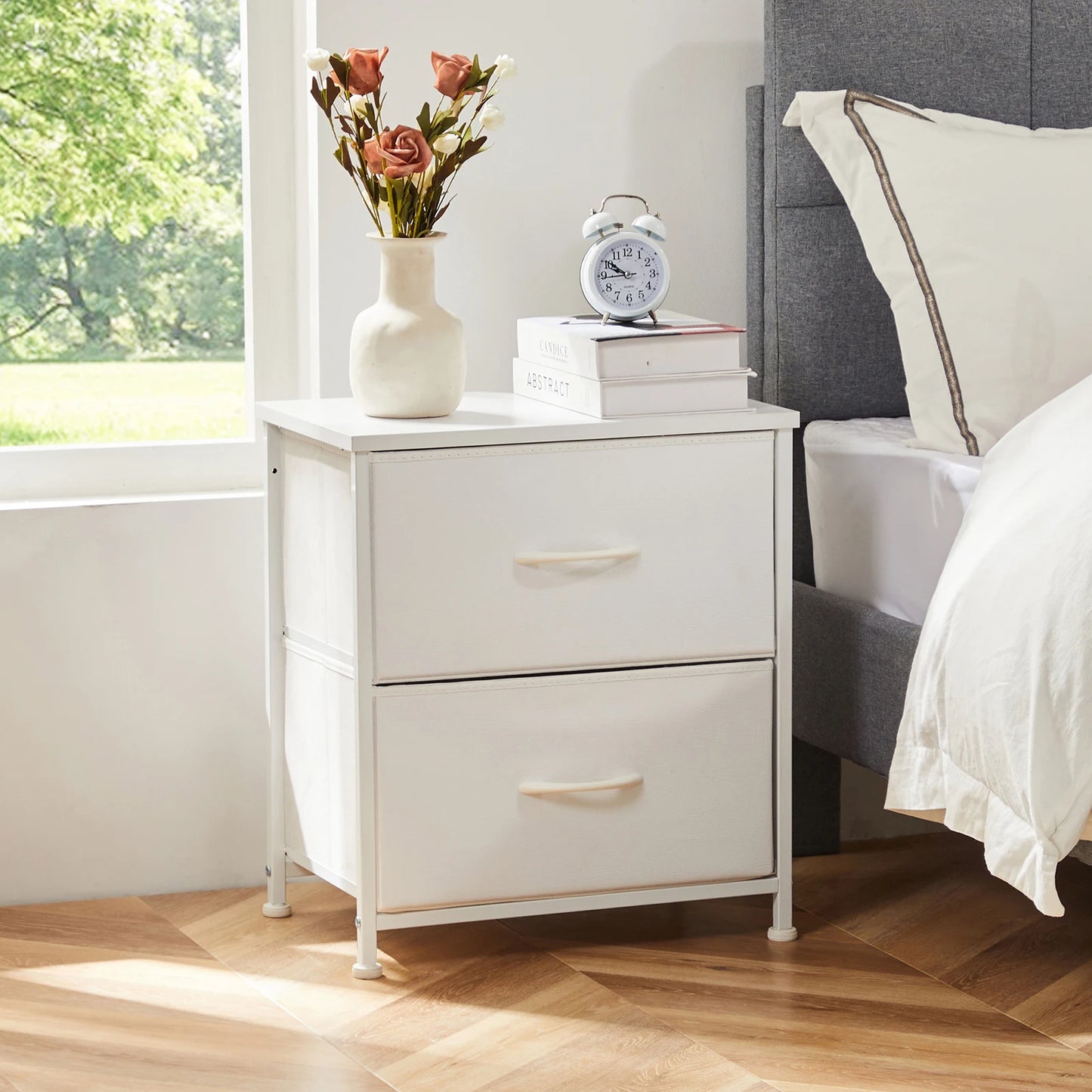 Modern Minimalist Nightstand with Two Fabric Drawers for Storage