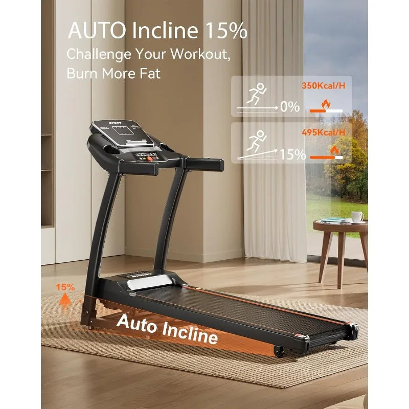 Treadmill with Incline, Treadmills for Home, 0-15% Auto Incline, 3.0HP Folding Treadmills for Running Walking