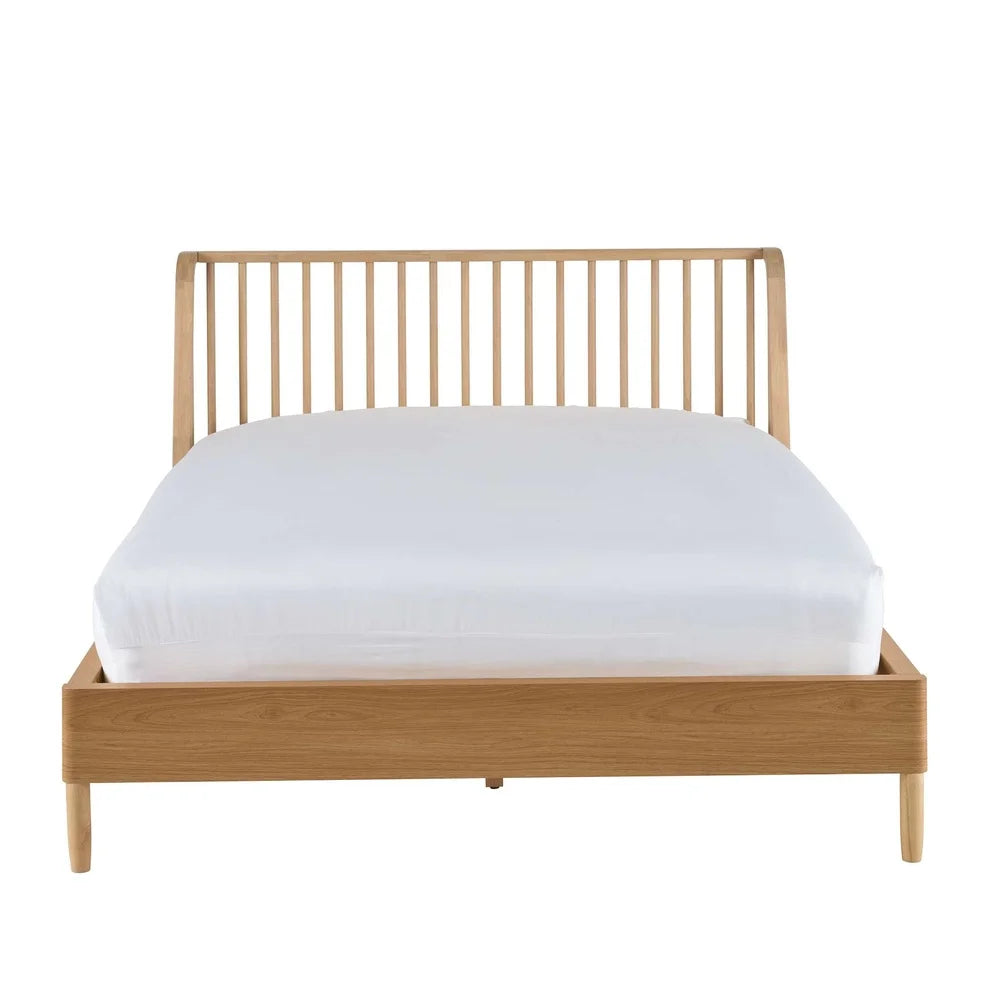 Natural Pine Finish Queen Spindle Bed Durable Solid Wood Wingback Headboard Elevated Legs Stylish Bedroom Furniture Assembly