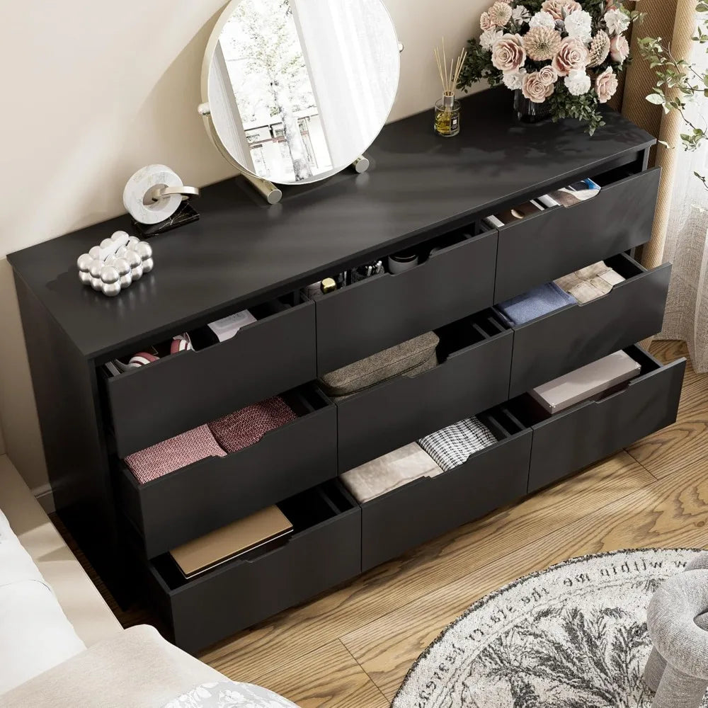 Tradre 59'' Black Dresser for Bedroom, 9 Drawer Wood Dresser with Handle Free, Large Modern Chest of Drawers for Home Office, Li