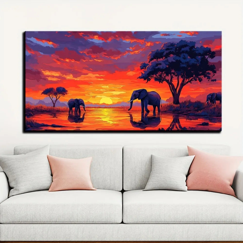 Framed African Sunset Elephant Canvas Art Wildlife Decor