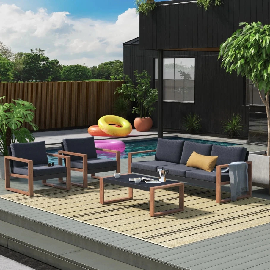 Outdoor 4-Piece Modern Aluminum Patio Furniture Sets,5 Person Conversation Set, Faux Wood Grain Finish Frame Sofa Set