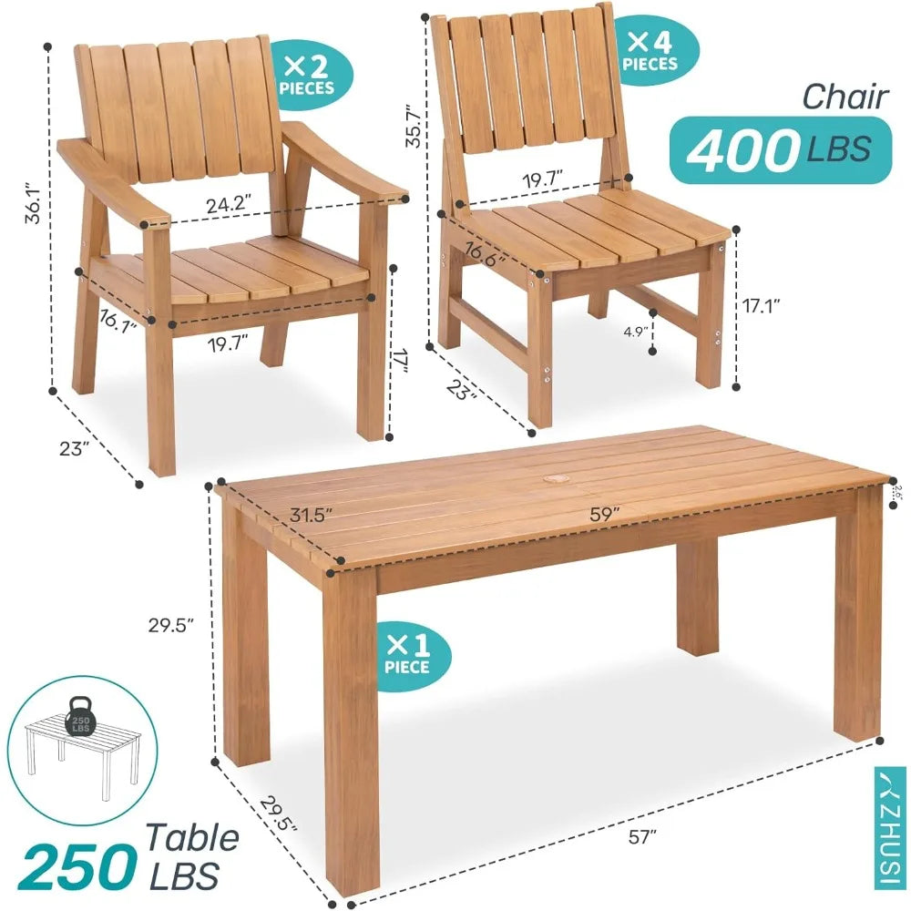 Outdoor Dining Set for 6,HDPE Rectangle Table and Chair, Weather-Resistant, Patio Furniture Sets with Umbrella Hole for Backyar