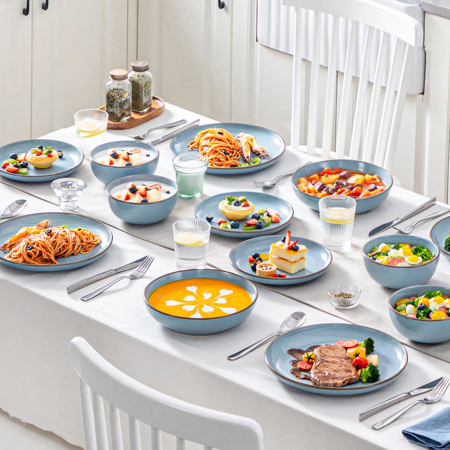 VANCASSO NYMPH 16/32 Piece Ceramic Glaze Tableware Set with Dinner/Dessert/Soup Plate/Bowl For 4/8 Person 4 Color Optional