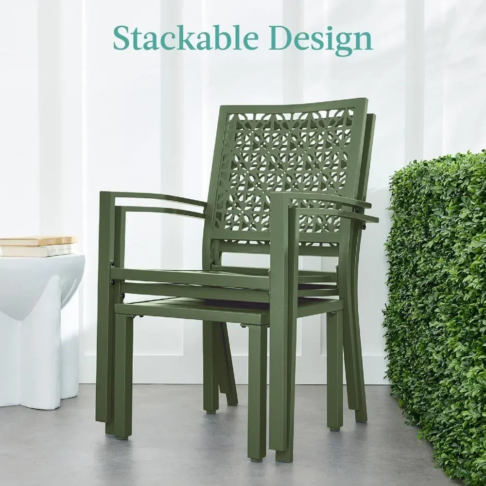 3-Piece Outdoor Bistro Set, Stackable Modern Steel Furniture for Porch, Garden w/ 2 Chairs, Table, Geometric Decor