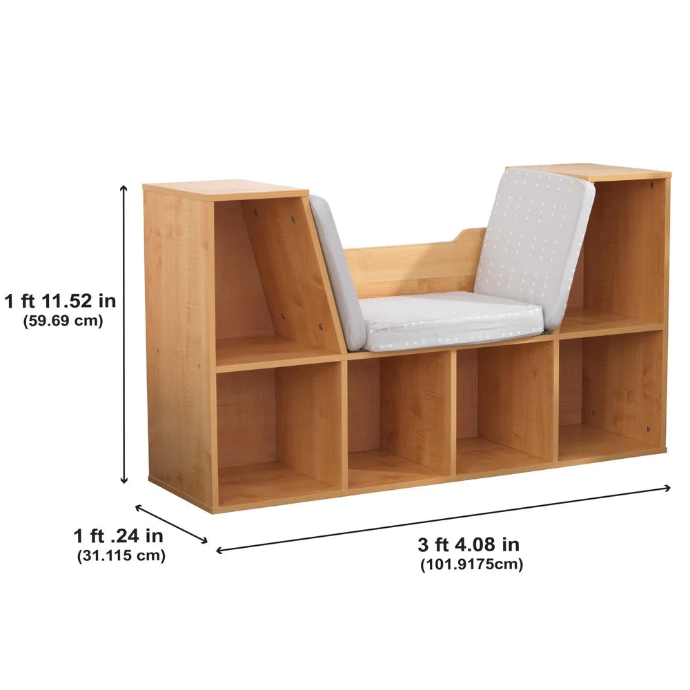 Bookcase with Reading Nook 6 Shelves Comfortable Cushions Kids Storage Space Toys Books Playroom Furniture Natural Finish